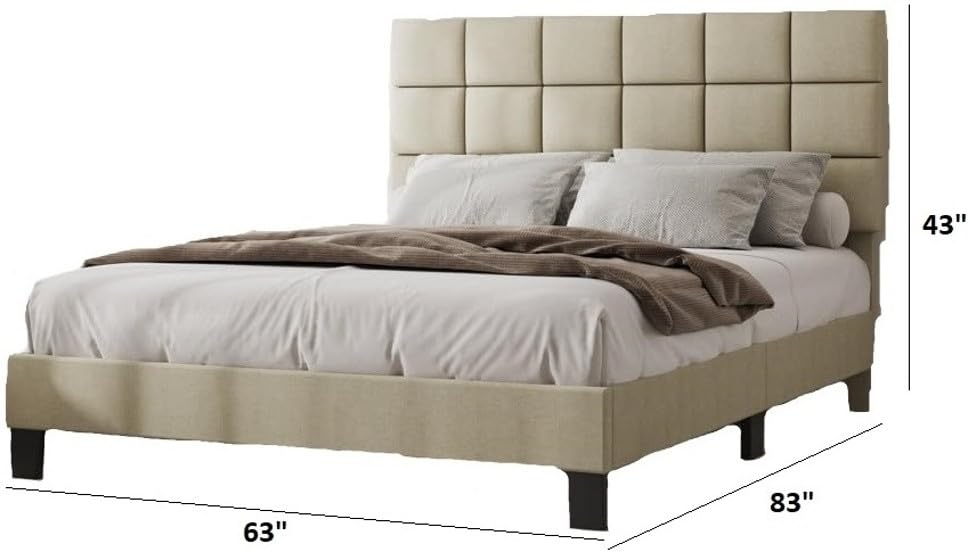 Image of Wooden Modern Upholstered Queen Size Bed for Bedroom | Wooden Double Bed Without Storage | Platform Cot Upholstered Bed with Upholstery Fabric | Engineered Wood | 6.5 x 5 Ft | Ivory