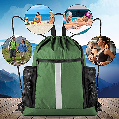 Image of BeeGreen Green Drawstring Bag Gym Cinch Backpack w Shoe Compartment and Two Side Pockets Machine Washable Sports Sinch Sack String Sackpack for Swim Equipment Beach Travel