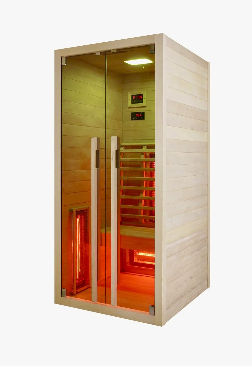 SANOTECHNIK Cabina de infrarrojos RUBY 1 – 1 persona sauna de infrarrojos 90 × 100 × 195 cm | 4 focos de espectro completo (1550 W), luz LED, Bluetooth, MP3, cristal de seguridad ESG de 6 mm, pantalla
