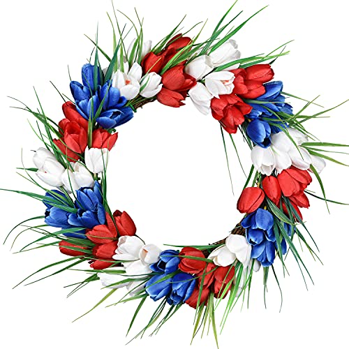 Lvydec Independence Day Tulips Wreath, 17 Inch Red White Blue Artificial Tulip Flower Wreath For Front Door Porch Patriotic Wreath Decoration #TOP9