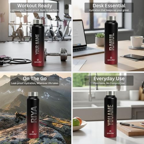 Image of Speedex Customised Engraved Name Stainless Steel Water Bottle 1 Ltr - Personalised Screw Cap Bottle for Kids, Men & Women, School, Office, Gym, Black Wine, Set of 1