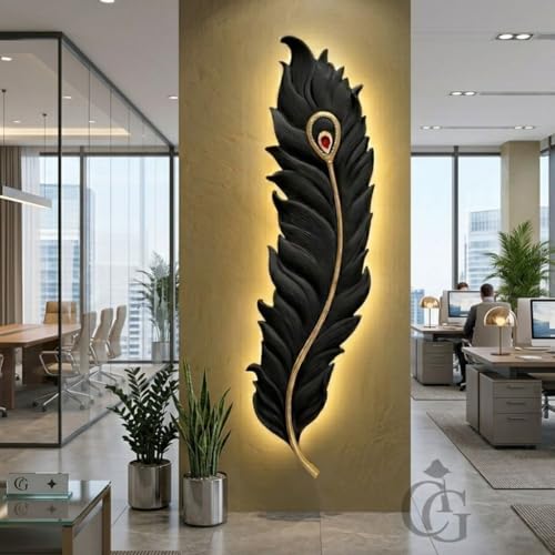 Image of Designer Krishna Peacock 650mm Feather 3-Color LED Wall Sconce|Decorative Mor Pankh Wall Light for Living Room, Bedroom, Hallway & Home Decor|Black