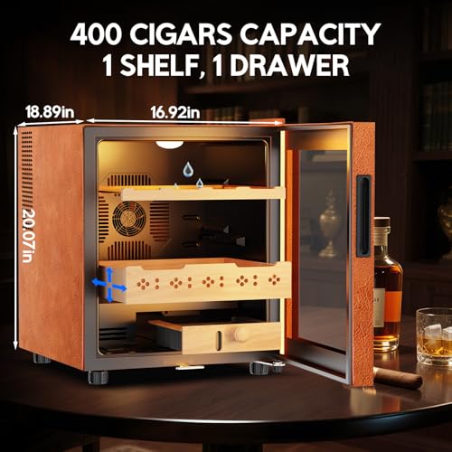 Image of Tylza Leather Trim Cigar Humidor, 50L Cigar Humidor Cabinet with Auto Humidity & Temp Control, 400 Counts, 3 LED Lights, Spanish Cedar Wood, Cigar Humidors with Safety Lock, Gifts for Men