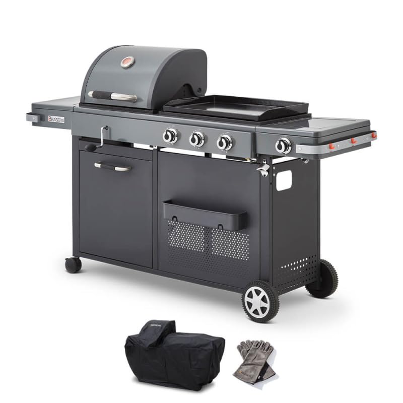 BRASERO BY FAVEX - Barbecue Plancha Bi-Energy XL Gaz & Charbon – 3 brûleurs 10,8 kW – Plancha fonte 60 x 42 cm – 14 convives – Housse + Gants Brasero inclus –...