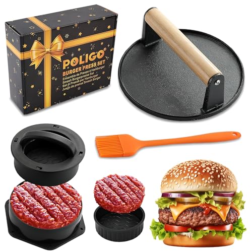 POLIGO Smash Burger Press Kit - 4 in 1 Hamburger Patty Storage Containers,6.69' Round Cast Iron Smash Bacon Press- Non Stick Smash Burger Press Set for Grill and Griddle Cooking