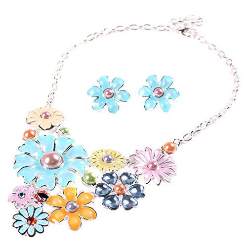 Colorful Flower Cluster Festoon Y-Necklace Bib Statement Necklace Earring Set