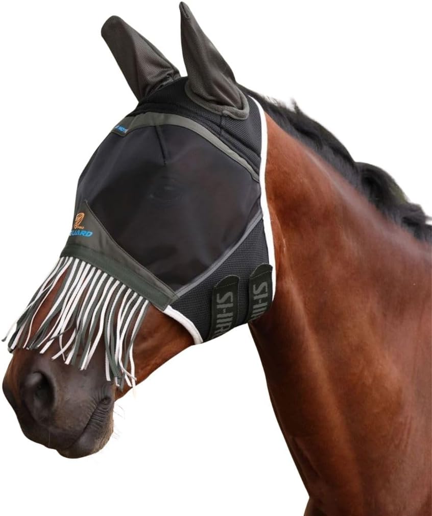 Shires FlyGuard Pro Air Motion Fly Mask with Ears & Fringe – Extra Full Size |Air Motion Fabric | Protects Against Flies & Insects |Turnout & Grazing | Khaki