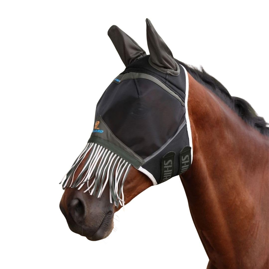 Shires FlyGuard Pro Air Motion Fly Mask with Ears & Fringe – Full Size |Breathable Air Motion Fabric for Comfort | Protects Against Flies & Insects | for Turnout & Grazing | Khaki