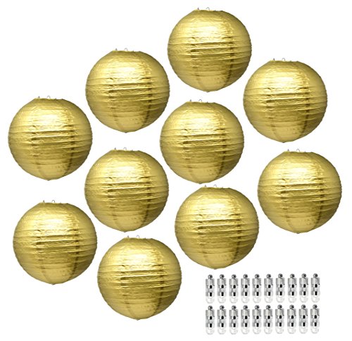 Mudra Crafts Gold Paper Lanterns With Lights - Decorative 12 In 10 Chinese Lanterns For Wedding Party Decorations - Round Hanging Paper Lantern Decor #TOP22