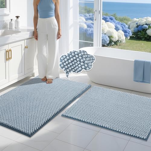 BSICPRO Bathroom Rugs Set 2 Piece-Chenille Bath Mats Non Slip-Thick Soft Absorbent Beach Bath Rug-Shower Floor Mat Machine Washable-Bathroom Decor Accessories (Light Blue, 20 x 32 Plus 16 x 24)