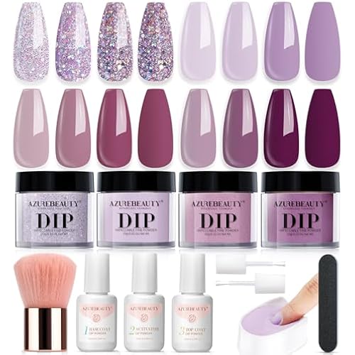 AzureBeauty 4 Colors Glitter Purple Dip Powder Starter Ki | Dark & Lilac Purple, Complete Dip Liquid Kit with Base, Top Coat & Activator, For French Nail Art, DIY Home Manicure Gift