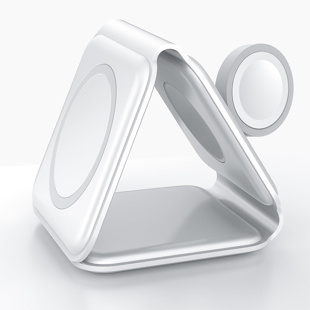 IHAO 3in1 Megnetic Attraction Wireless Charging Station Foldable Fast Charger for iPhone 15/14/13, iWatch &amp; AirPods 15W Charging Stand with Strong Magnet Fold to Stand Multi-Device Safe Charging-White