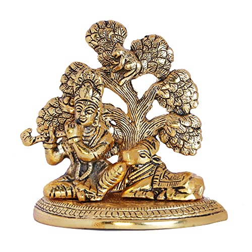 Image of KridayKraft Lord Krishna Metal Statue, Krishna Murti Playing Flute with Cow for Temple Pooja, Decor Your Home, Office & Gift Your Relatives, Showpiece Figurines, Religious Idol