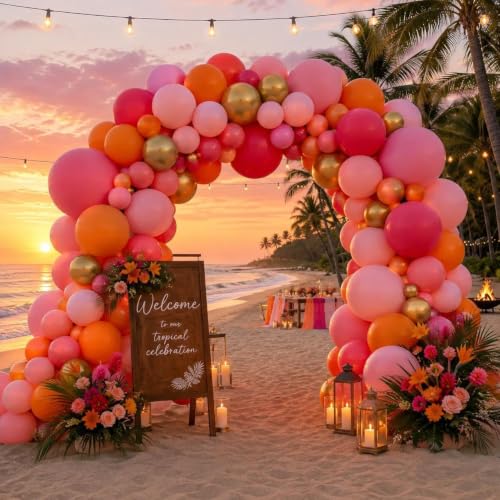 Image of Pink Orange Balloon Garland Double Stuffed Hot Pink Orange Gold Metallic Pastel Balloon Arch Kit for Birthday Sunset Bridal Shower Summer Tropical Fall Thanksgiving Party Decorations