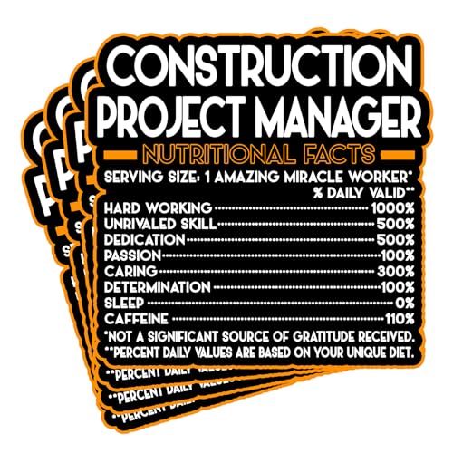 (4Pcs) Construction Project Manager Vinyl Decal Sticker – Nutritional Facts Quote for Laptops, Water Bottles, Cars – Gift for Coworker, Office, Birthday, Christmas – Waterproof Vinyl Sticker