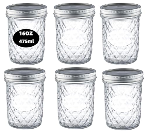 simpa 6PK 475ml/16oz Quilted Decorative Glass Mason Jars with Silver Metal Airtight Lids. Suitable for Meal Prep, Drinks, Food Storage, Canning, Dry Food, Salads and more.