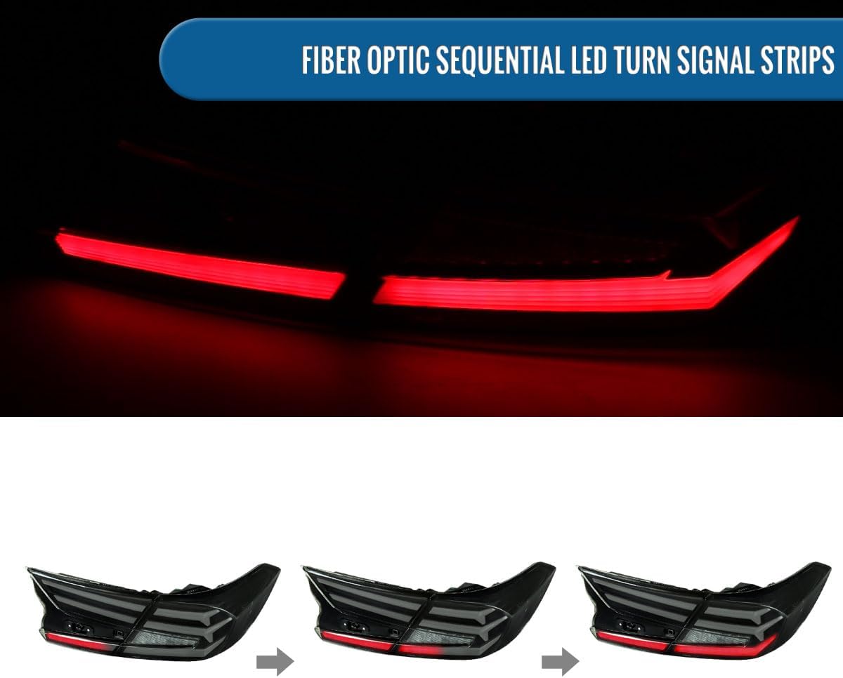Ronnin - Fits 2018-2022 Honda Accord Sedan 4Dr Upgraded Full LED Tail Lights Sequential Turn Signals + Animated Startup Effect Assembly Pair | Black Smoke | White Tube