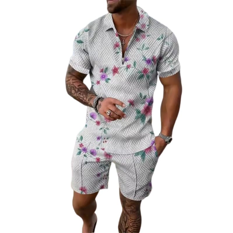 Ensemble polo short homme vintage imprimé floral pivoine tenue été de plage chic