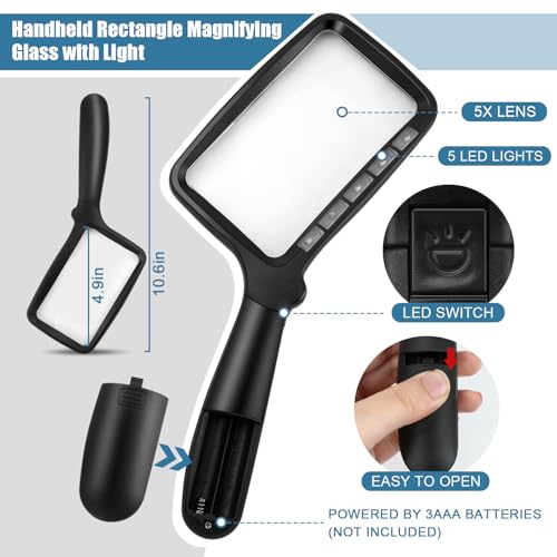 Folding Handheld Magnifying Glass with Light, 5X Large Rectangle Reading Magnifier with Dimmable LED for Seniors with Macular Degeneration, Newspaper, Books, Small Print, Lighted for Low Visions Black by Tobegiga - Image 5