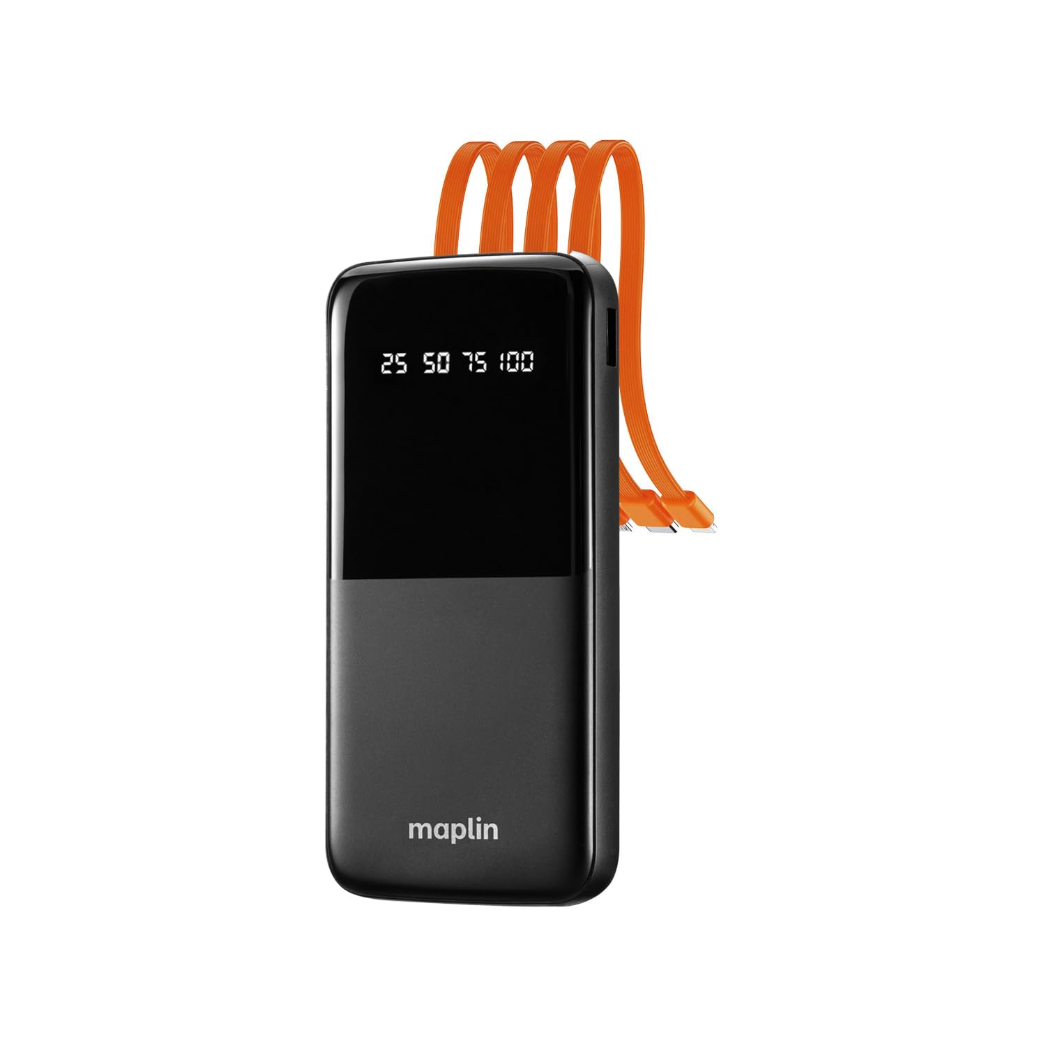 Maplin 10000mAh Slim Power Bank - Integrated Lightning, USB-C, USB-A, Micro USB Cables - Black