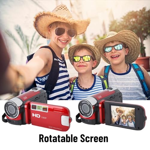 Digitale Camcorder, 16x Full HD Rotatie DV-camera, Mini-Videocamera voor Kinderen, Vintage Draagbare Videocamera, Professionele Opnamevideocamera voor Thuisfeest Buiten (rood
