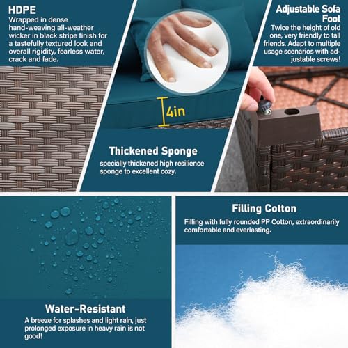 Valita Patio Furniture 3-seat Sofa Brown Wicker Outdoor Furniture Outdoor Couch Deep Seat High Backrest Waterproof Cover Anti-Slip Washable Cushions, Peacock Blue