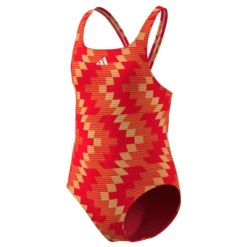 adidas Girl's Football-Inspired V-Back Graphic Swimsuit Kids Swimwear, Lucid red, 7-8 Years