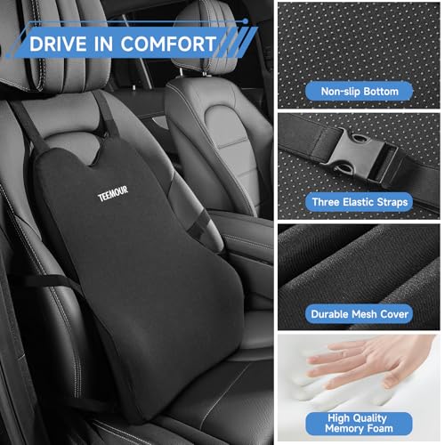 Lumbar Support Pillow for Car Improve Lower Back Pain Relief & Sitting Posture Back Support Memory Foam Back Cushion for Driving, Lumbar Comfort for Long Sitting, Truck with Three Adjustable Straps