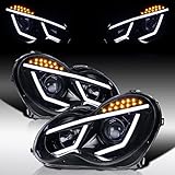 Autozensation Compatible with 2001-2007 Mercedes-Benz W203 C-Class Sedan, Left + Right Pair Headlamps Assembly, Glossy Black Smoke LED Projector Headlights