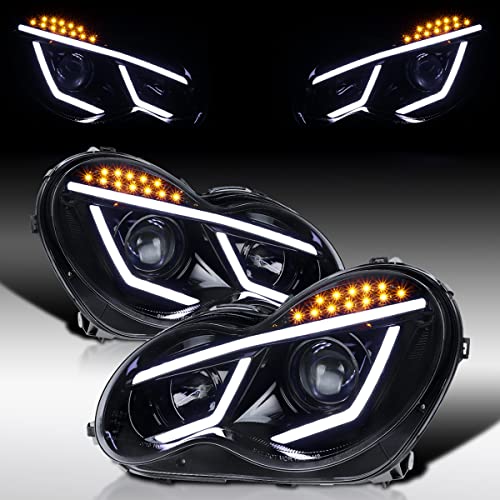 Autozensation Compatible with 2001-2007 Mercedes-Benz W203 C-Class Sedan, Left + Right Pair Headlamps Assembly, Glossy Black Smoke LED Projector Headlights