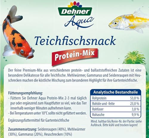 Dehner Aqua Teichfischsnack, Fischfutter Protein-Mix, Seidenraupen / Mehlwürmer / Gammarus / Heuschrecken, 200 g