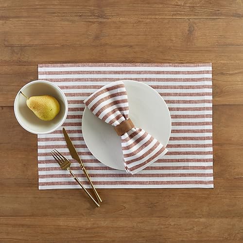 Image of Solino Home 100% Linen Placemats, 14 x 19 in, Cinnamon Striped, Set of 4 | Amalfi Stripe, protect and style the table setting, woven stripe, European flax fibres, low iron finish, OEKO-TEX Certified