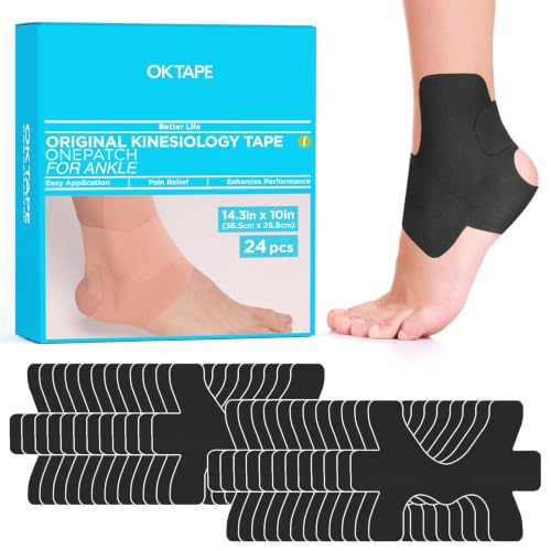 Image of OK TAPE Precut Kinesiology Ankle Tape, 24 Pcs, Pain Relief, Prevent Ankle Sprain, Provide Support for Ankle Ligament, Elastic Athletic Tape, Breathable Cotton, Daily Use - Black
