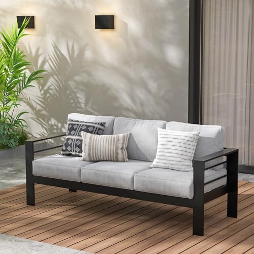 Wisteria Lane Patio Furniture Aluminum Sofa, All-Weather Outdoor 3 Seats Couch, Black Metal Chair with Light Grey Cushions
