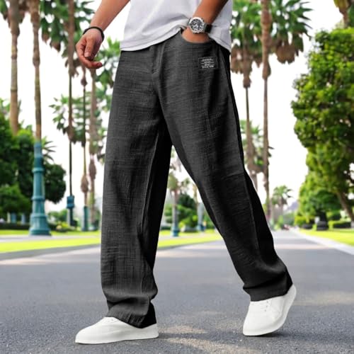 Mokaloha Mens Pants, New Men's Casual Hemp Fabric Embroidered Logo Drawstring Loose Elastic Waist Pocket Trousers4