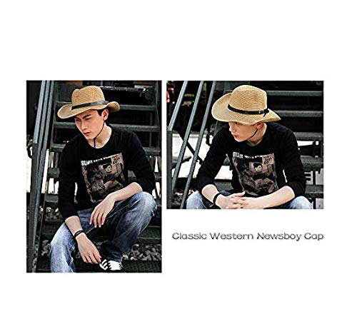 Men Cowboy Sun Hat Foldable Straw Hat Classic Western Newsboy Cap Summer Wide Brim Roll Up Raffia Cowboy Hat Khaki #TOP5