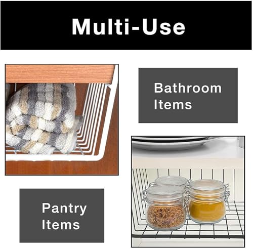 Image of Styleys Under Cabinet Storage Basket - Set of 2 Metal Wire Organizers with Dual Fit Hooks (13.5 inch) S11027A, White