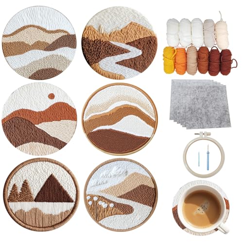 Image of 57lilina 6pcs Landscape Coaster Punch Needle Kit for Beginners & Adults | Complete Step-by-Step Guide Make Punch Stitching Embroidery Art Drink Coasters, Easy DIY Hobby Craft Set for Women Starter