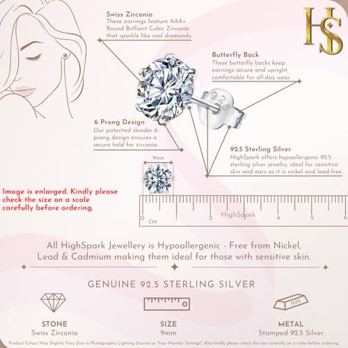 Image of HIGHSPARK 925 Silver Solitaire Stud Earrings | 92.5 Sterling Silver & Round Brilliant Cubic Zirconia Tops for Men Women