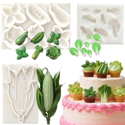 IKOJING Vegetable Fondant Molds, 3Pcs Cabbage Corn Pea Pod Silicone Molds