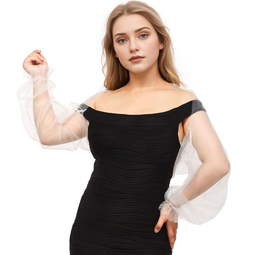 Bolero voor dames, lange mouwen, pofmouwen, open voorkant, transparante tule, bolerojas, gebreide jas, feestelijk, bruiloft, cardigan, schouderjas voor bruidsjurken, party, wit, XXL