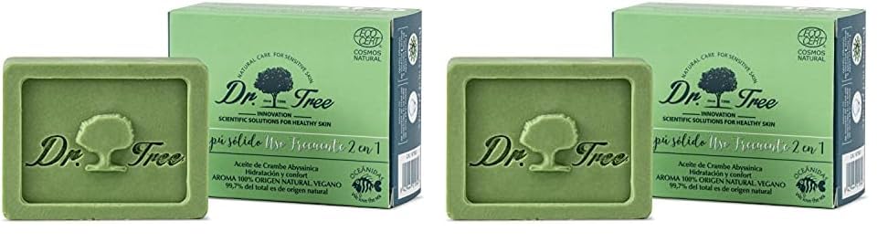 Dr. Tree Champú Sólido 2 en 1, Champú + Acondicionador Uso frecuente, Hidrata y Rejuvenece, Sin Sulfatos SLE, SLS, Sin parabenos, Sin siliconas, 99% Ingredientes Naturales ECOCERT, 75gr (Paquete de 2)