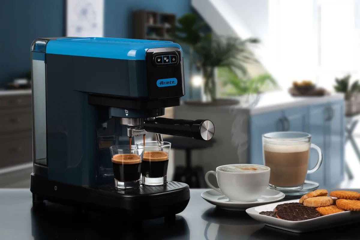 Ariete 1399 Machine à Café Percolateur, pour Expresso, Cappuccino, Thé et Tisane, Compatible avec le Café en Poudre et les Dosettes ESE, 1300 W, 15 Bar de Pression, Filtre 1-2 Tasses, Sky Blue
