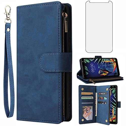 Étui portefeuille LG K40 avec protection écran verre trempé bleu - Asuwish Housse