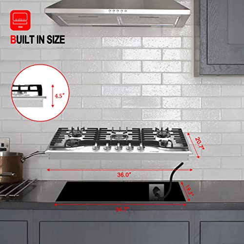 36 Inch Gas Cooktop, Gasland Chef Built-In Gas Stovetop, Cord Plug, 5 Italy Sabaf Burner, 41,300 Btu Ng/Lpg Convertible, Auto Electric Ignition, Thermocouple Protection #TOP2