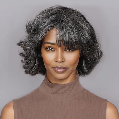 SOUL LADY Medium Salt and Pepper,Natural Wavy Bob Wig,100% Real