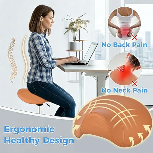 Image of BEWISHOME Saddle Stool with Wheels, Ergonomic Contoured Seat, Thick Cushioned PU Leather Swivel Saddle Chair with Adjustable Height for All-Day Comfort, for Salon, Clinic, Studio and OfficeBMD01Z
