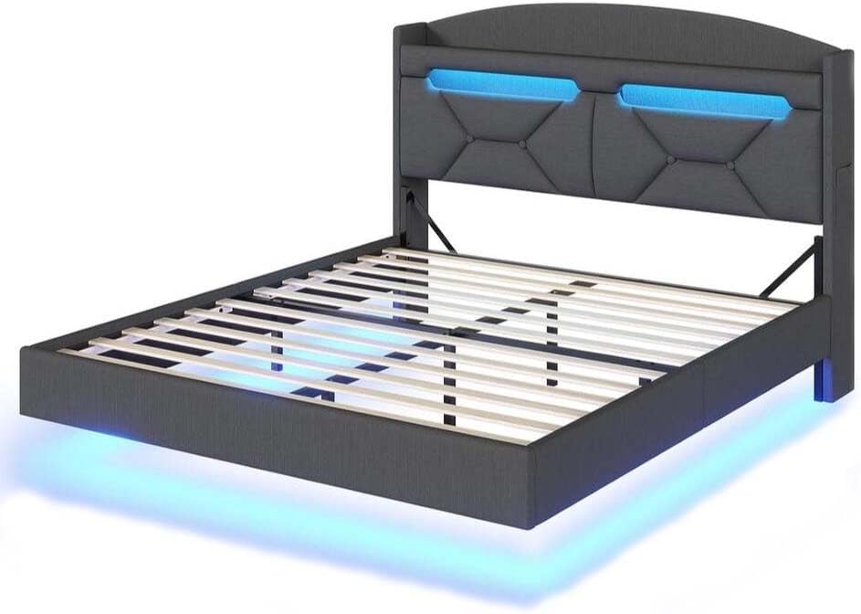 Modern Floating Bed Frame with RGB LED Lights & Storage Headboard King Size