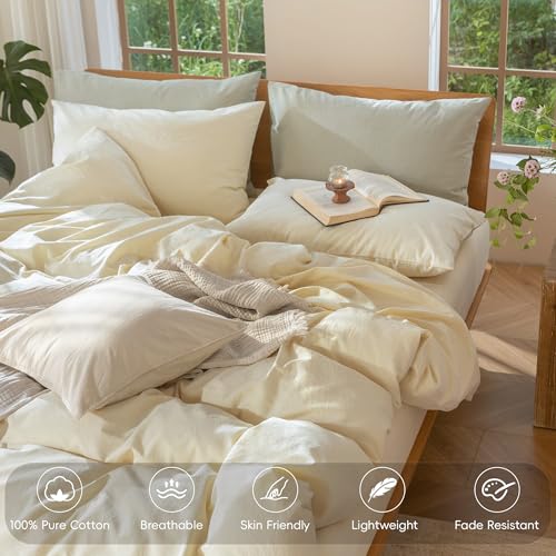 Image of MooMee Duvet Cover Set 100% Washed Cotton Linen Like Queen | Relaxed Linen-like Texture. Soft, Breathable & Long-lasting Comfort. Lightweight. Hidden Zipper with 8 Interior Corner Ties
