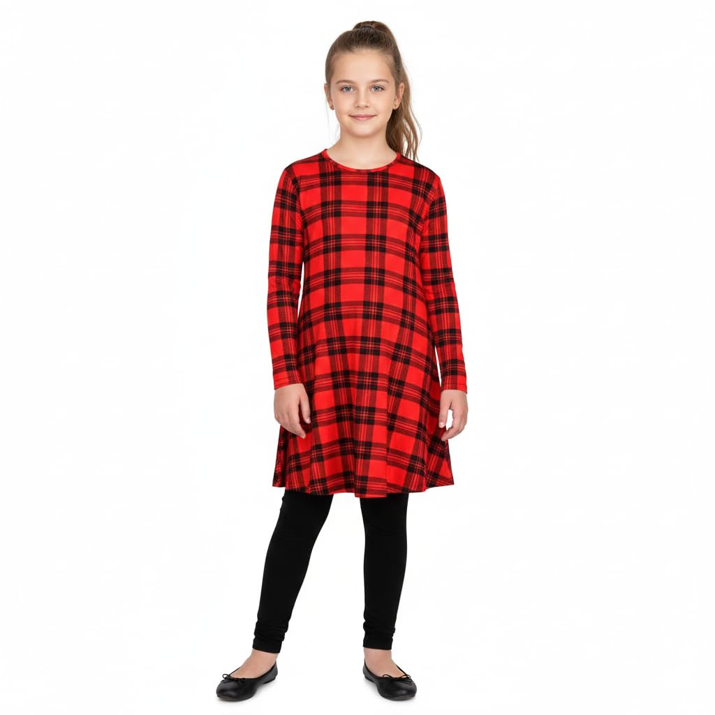 A2Z 4 Kids Girls Tartan Check Swing Dress Comfortable Lightweight Long Sleeve - Swing Dresses Tartan 11-12